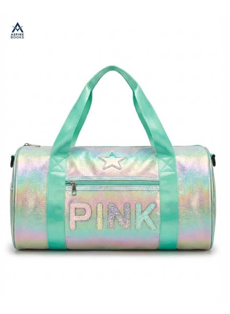Aspire Books Kids Holographic Duffle Bag with Coin Pouch – Travel Weekender & Dance Bag for Girls Perfect for Shopping, Outings, and Sleepovers (Mint Green/Rainbow) – Glitter Lettering, Star Patch, and Adjustable Strap - Image 5